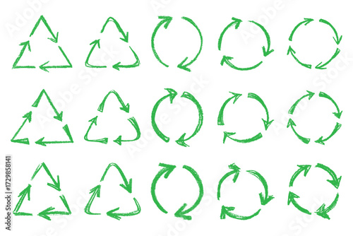 Set of hand drawn recycle arrow icon Recycling resources symbol Reuse of materials, zero waste, green environment, saving the planet