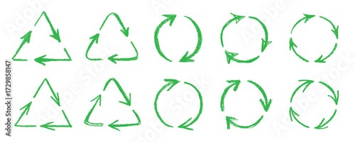 Set of hand drawn recycle arrow icon Recycling resources symbol Reuse of materials, zero waste, green environment, saving the planet