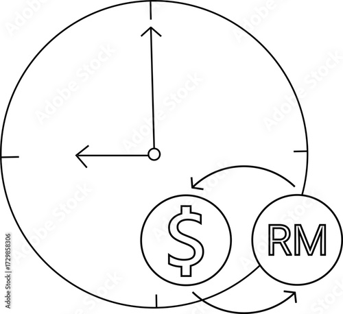 wall clock icon sketch and icon convert dollar coins to Malaysian ringgit coins
