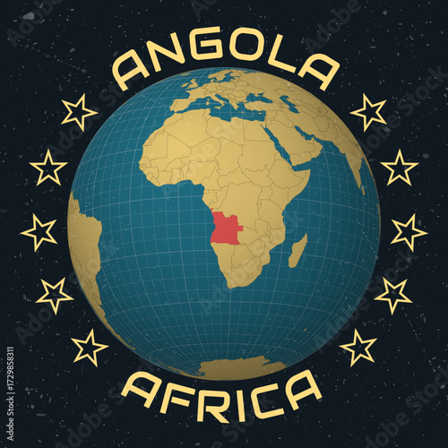 Angola on Globe. Country name round text. Vintage look with grunge scratched texture. Country view on world map in Sky Blue Light Yellow color palette. Angola shape on map.
