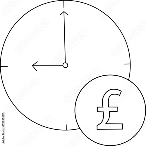 sketch of wall clock icon and pound sterling coin icon