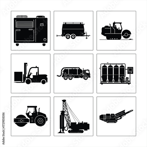 Black Silhouette Set Of Heavy Construction And Industrial Equipment Leasing Collection