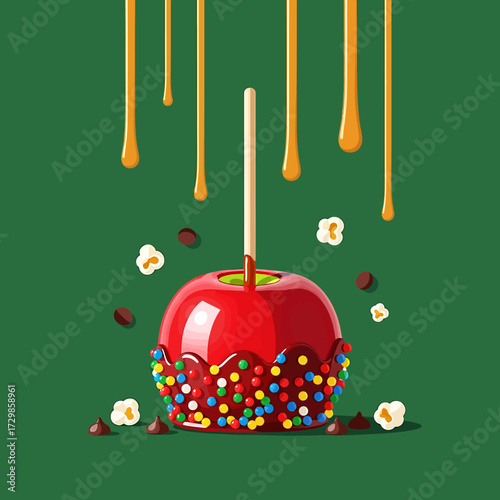 Delicious Red Candy Apple with Chocolate Sprinkles and Caramel Drizzle Illustration