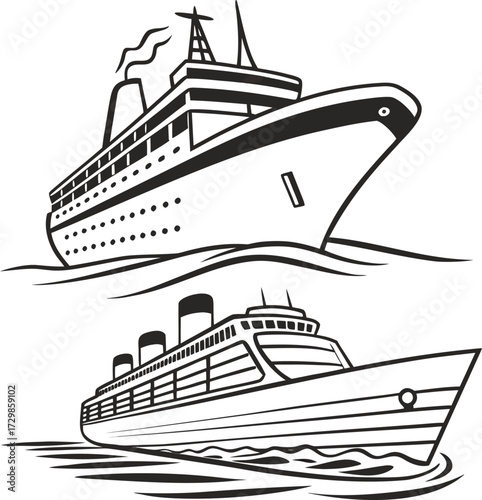 Set of Two Classic Cruise Ship Illustrations Ocean Liner Traveling on Sea Waves in Black and White,Monochrome Vector Art Collection Modern and Retro Passenger Vessels for Travel and Holiday Design