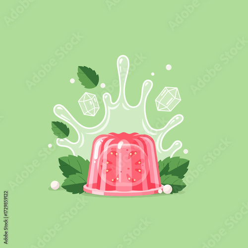 Whimsical Strawberry Jello Splash A Refreshing Dessert Illustration with Mint and Sugar Crystals
