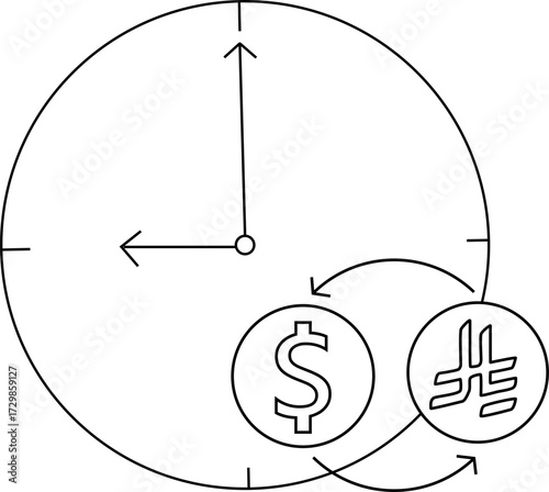 wall clock icon sketch and icon convert dollar coins to Arab riyal coins
