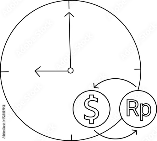 wall clock icon sketch and icon to convert dollar coins to rupiah coins