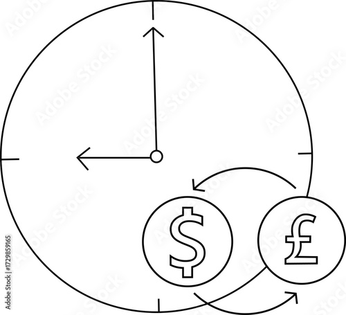 wall clock icon sketch and dollar coin to pound sterling coin conversion icon