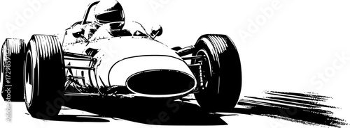 Retro race car with open cockpit and large tires in hand drawn black and white outline illustration artwork