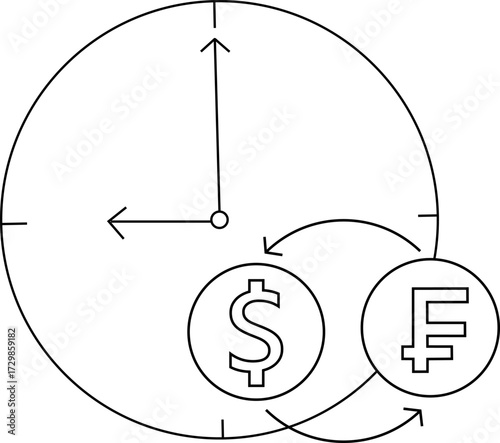 wall clock icon sketch and icon convert dollar coins to Swiss franc coins