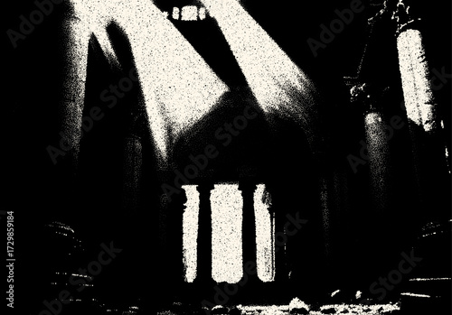 Ancient ruins in sci-fi scene with dotwork retro style. Mysterious gate debris with dramatic lights and retro texture