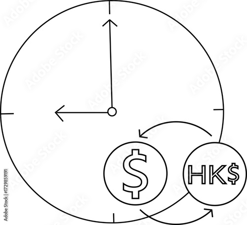 wall clock icon sketch and icon to convert dollar coins to Hong Kong dollar coins