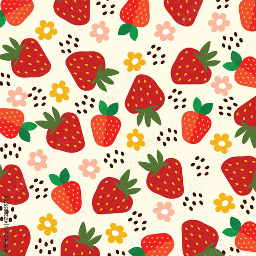 Seamless pattern with strawberry on color background. Natural delicious fresh ripe tasty fruit. Vector illustration for print, fabric, textile, banner, other design. Food concept