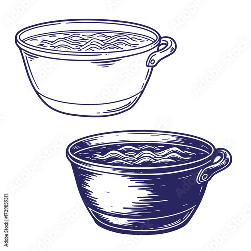 Detailed hand drawn illustration of a soup pot with watery liquid in two different styles