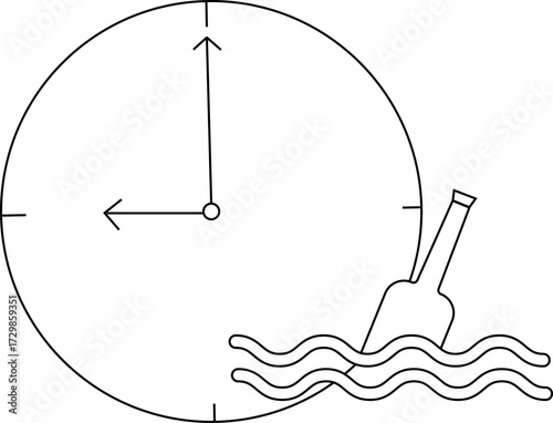 sketch of a wall clock icon and a bottle icon floating in the sea