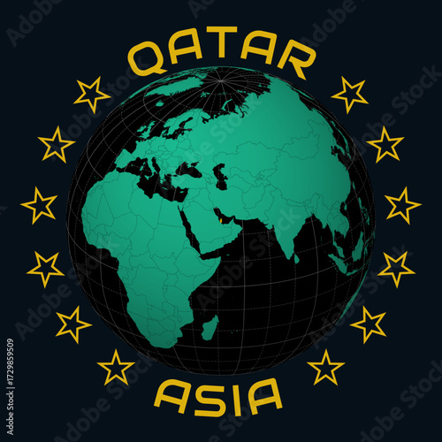 Qatar on Globe. Round country and continent name text. Country view on world map in Black Emerald color palette. Qatar shape on map. Amazing vector illustration.
