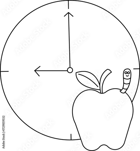 sketch of wall clock icon and Apple icon with caterpillar