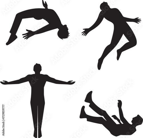 Falling & Floating Man Silhouette Set Vector Icon Collection of Freefall Skydiving and Levitating Poses for Action Freedom and Abstract Design Concepts