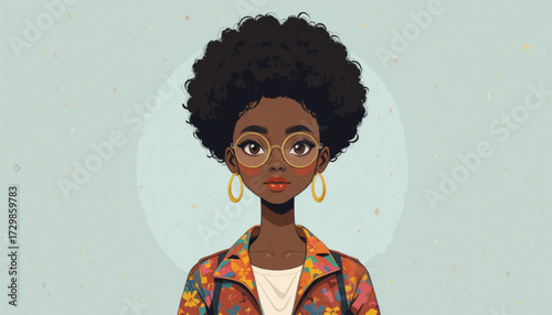 Adorable African girl with round glasses, afro hairstyle, stylish urban fashion, flat illustration for diversity concept.  Ai Generate 