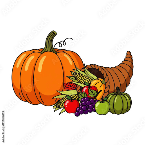 Autumn Harvest Cornucopia Filled With Fresh Fruits and Vegetables