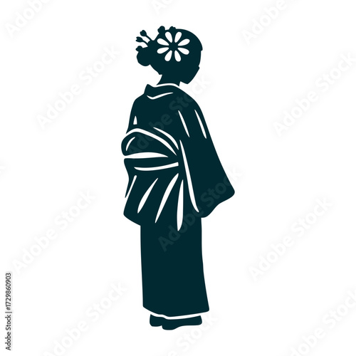 Seijin no Hi: Kimono Silhouette for Coming of Age Coming of Age Day Seijin no Hi Monochrome kimono silhouette with folded sleeves and a minimalist floral hairpin