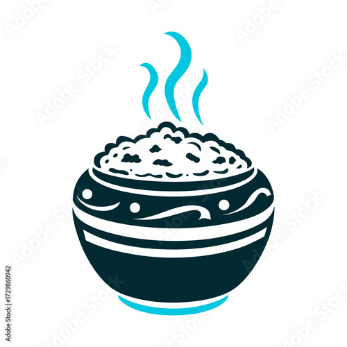 Stylized Pongal Rice Pot with Steam Illustration Clay pot overflowing with rice stylised as a rounded vessel with steam swirls Pongal