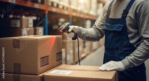 Warehouse worker scans a cardboard box with a barcode scanner