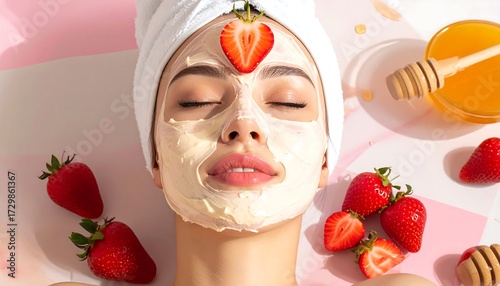 Woman with strawberry face mask, honey