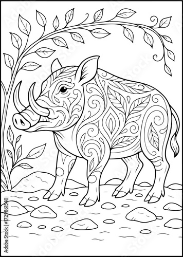 Babirusa Zentangle Coloring Page — Sulawesi Wild Boar with Curved Tusks, Line Art (Vector)