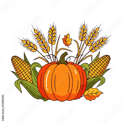 Vibrant autumn harvest arrangement featuring a plump orange pumpkin, golden corn cobs, wheat stalks, and colorful fall leaves, perfect for Thanksgiving celebrations and seasonal decorations