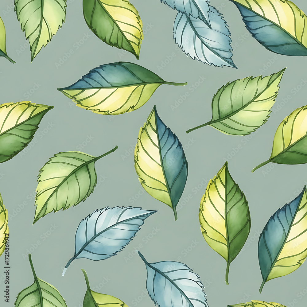Obraz premium Watercolor floral and leaf pattern of hand-painted wildflowers and sprawling leaves,created for wallpaper and fabric, illuminated with diffused