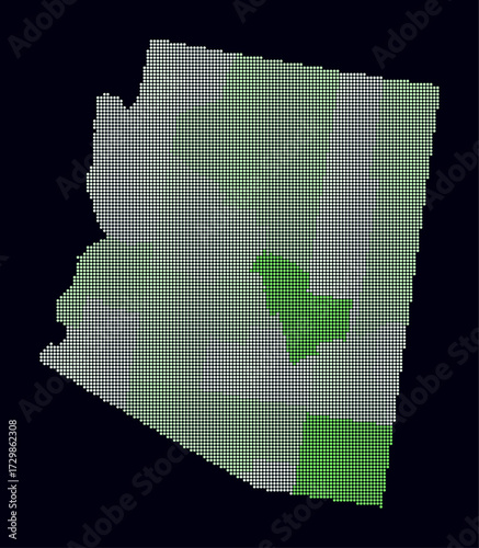 Arizona dotted map. Digital style map of the state on dark background. Arizona shape with circle dots. Colored dots style. Small size circles. Vibrant vector illustration.