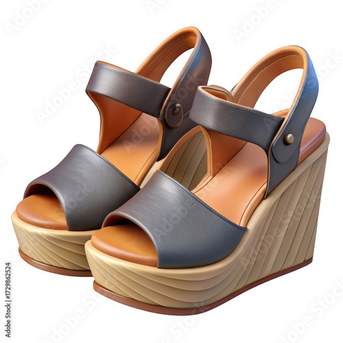 Stylish women's brown leather wedge sandals with buckle closure fashion footwear isolated on transparent background