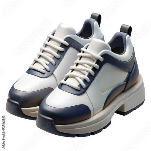 Modern chunky sneakers with white laces and purple accents on a isolated on transparent background