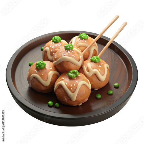 Delicious takoyaki octopus balls with toppings served on a rustic plate isolated on transparent background