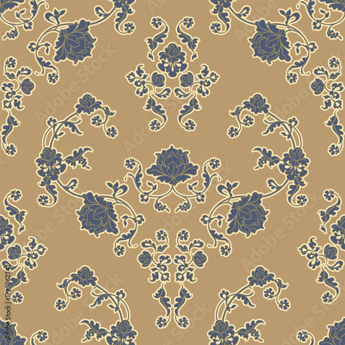 Classic baroque floral pattern with ornate navy blue flowers and vintage ornamental details.