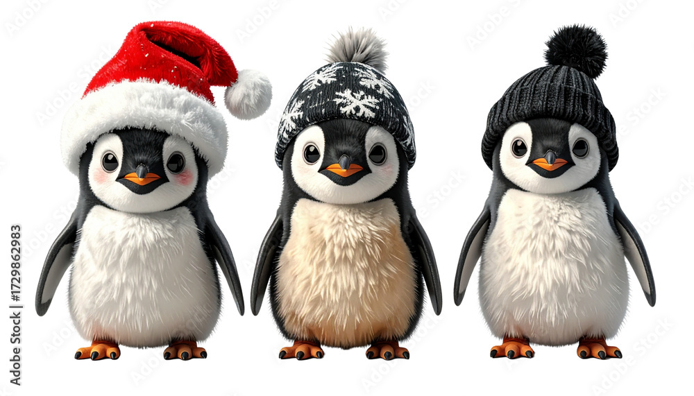 Fototapeta premium Adorable Penguin Bundle Wearing Cozy Hats, isolated on transparent background