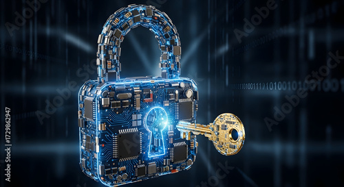 Conceptual illustration of digital information security and data protection with a glowing circuit board padlock and a key against a high-tech background