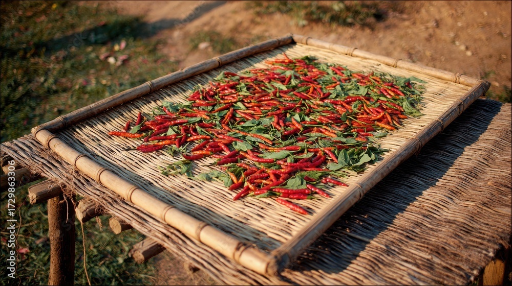 Fototapeta premium Colorful Red Chilies and Green Leaves Drying on Bamboo Tray Outdoors