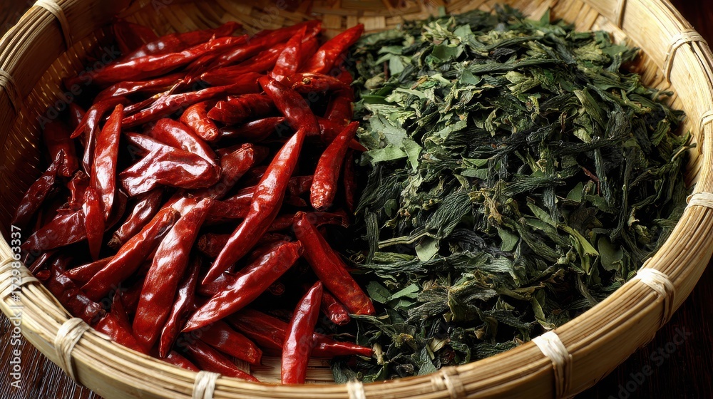 Fototapeta premium Dried Red Chili Peppers and Green Herbal Leaves in a Basket