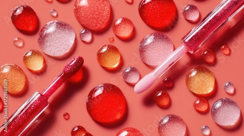 Beauty photography flat lay of lip gloss applicators with scattered drops of coral, red, and pink gloss, luminous glossy textures