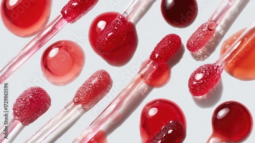 Beauty editorial shot of lip gloss applicators with rich rose pink and red drops, luminous shine, and clean white backdrop for branding