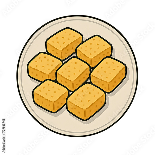 Korean Injeolmi rice cakes coated with roasted soybean powder, neatly arranged on a white dish.