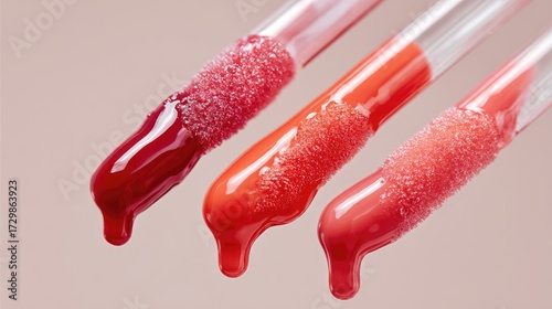 Hyper-detailed close-up of shiny lip gloss wands, dripping coral peach and cherry red gloss on a clean white background, elegant beauty styling