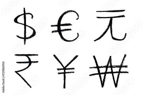 Hand drawn multiple currencies symbol set Dollar euro yuan yen won rupee