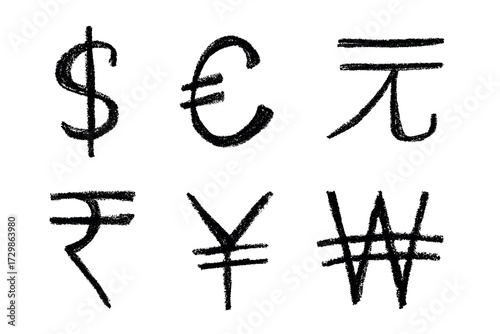 Hand drawn multiple currencies symbol set Dollar euro yuan yen won rupee