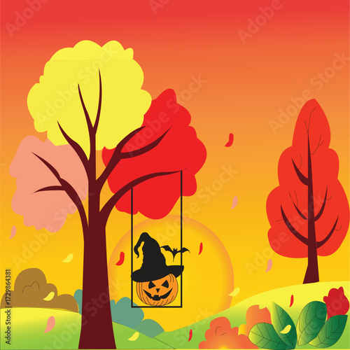 Autumn Sunset with Halloween Pumpkin Lantern Swing