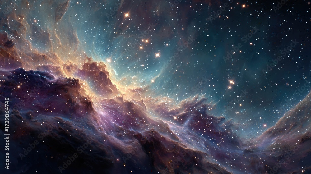 Fototapeta premium Space nebula and stars glowing in vibrant colors, evoking cosmic wonder, astronomy, and the vastness of the universe