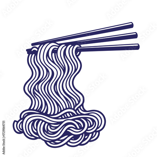 Simple vector illustration of noodles and chopsticks ready for consumption on white background