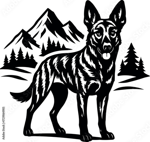 Dutch Shepherd Dog Silhouette with Mountains and Trees